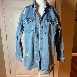 Forever 21 Women's Size Small Blue Denim Distressed Jacket Trucker Fall Chic
